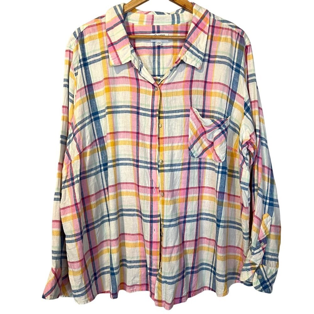 Candace Cameron Bure Plaid Linen Blend Button-Up Shirt 2XP Spring Office Career